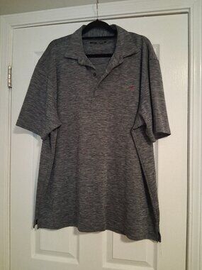 Men's Greg Norman polo shirt, Grey with shark logo, Size missing but is 28" PTP.